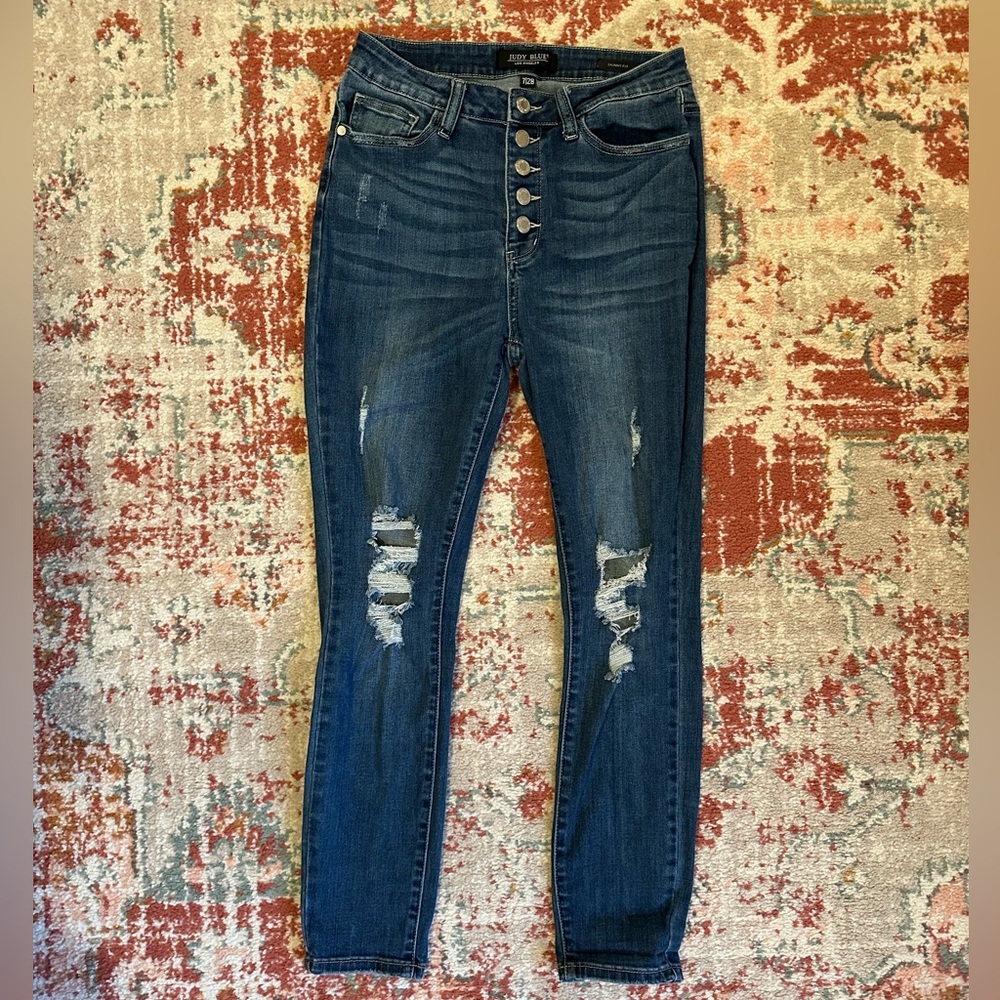 Judy Blue‎ Button Fly Skinny Distressed Ripped High Waisted Jeans 7/28 Medium